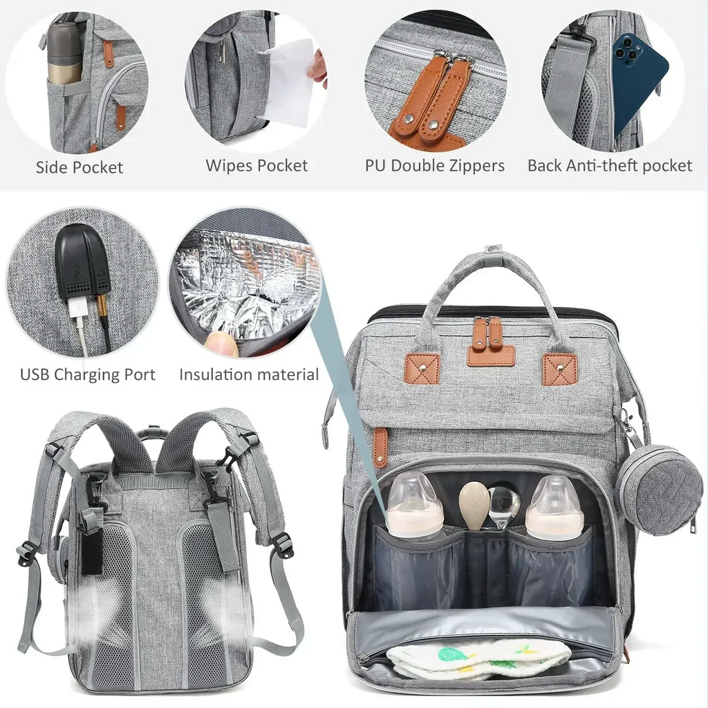 Multifunctional, Large-Capacity Diaper Backpack with Foldable Bed